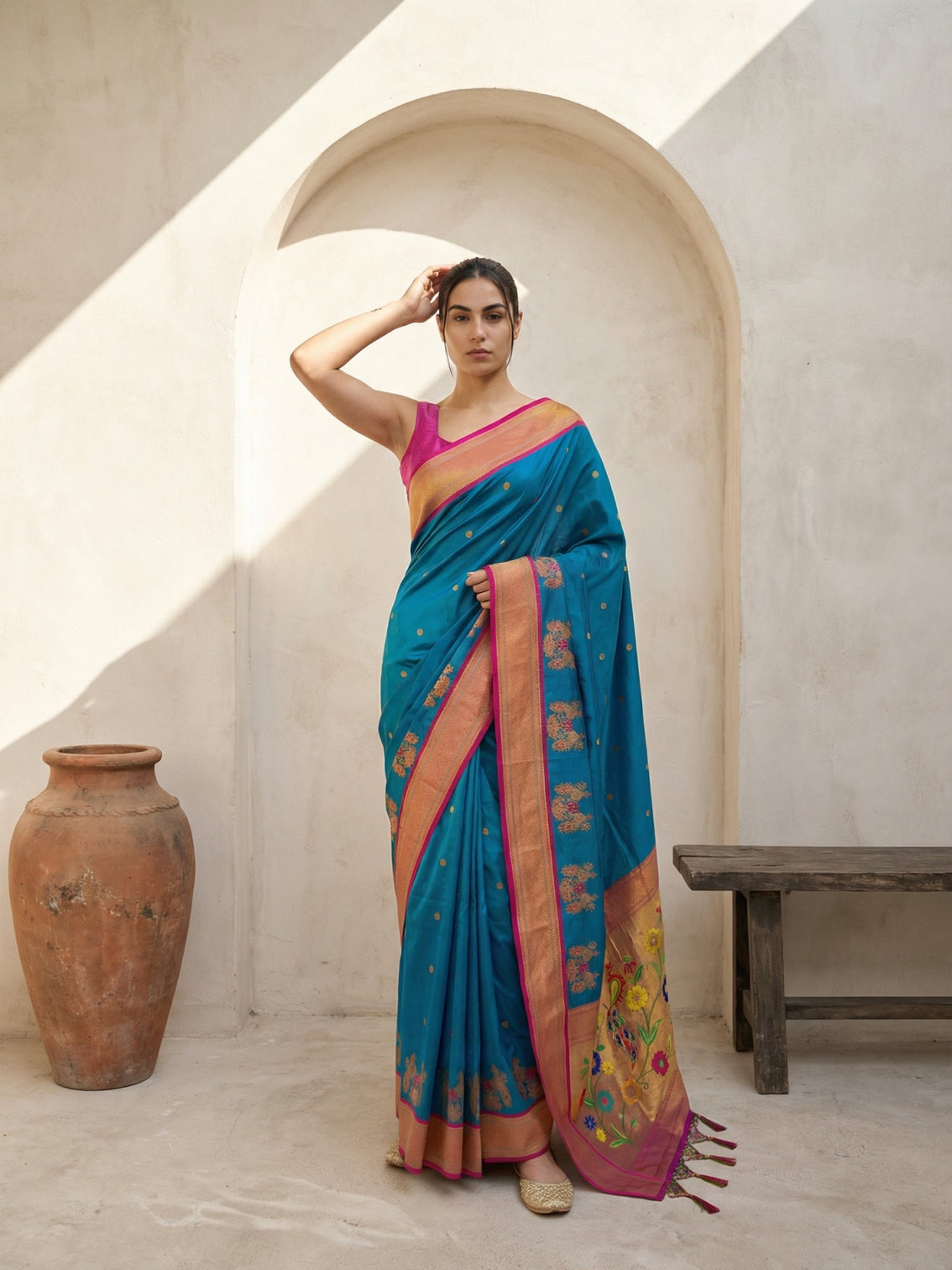 Rama green paithani soft silk saree with peacock panel border