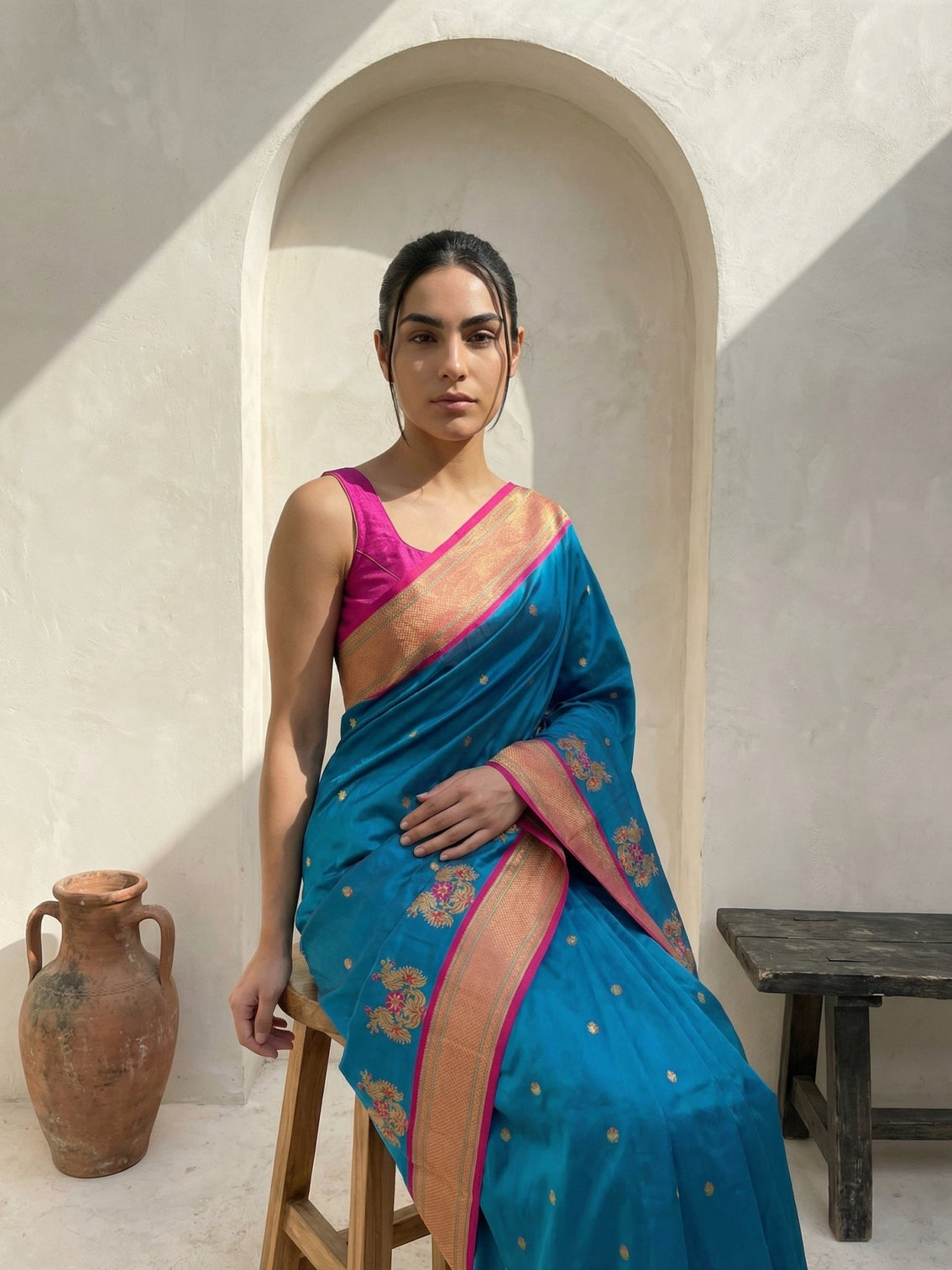 Rama green paithani soft silk saree with peacock panel border