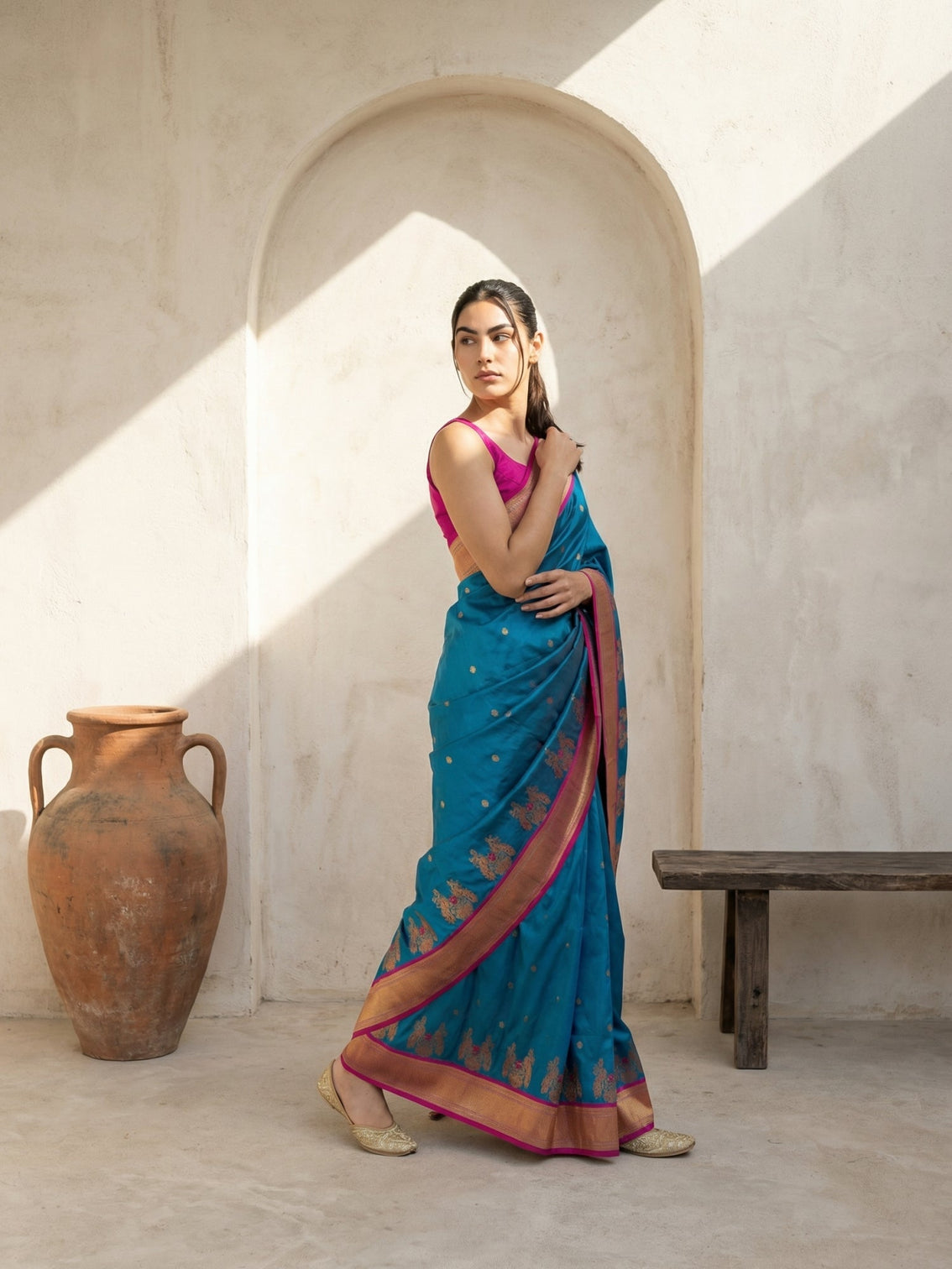 Rama green paithani soft silk saree with peacock panel border