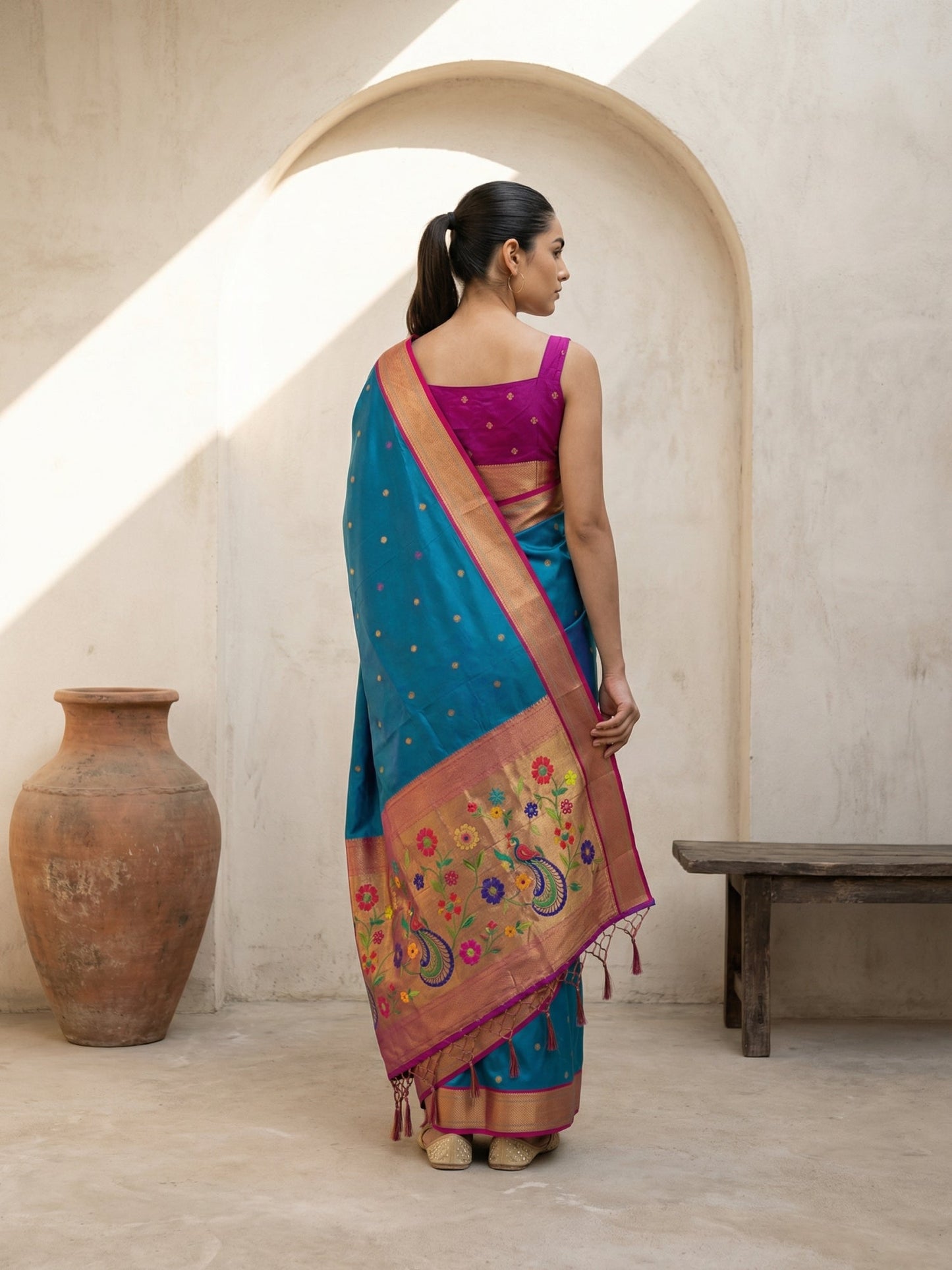 Premium Soft Silk Paithani Saree with Polka Motifs, Peacock Border and Traditional Pallu