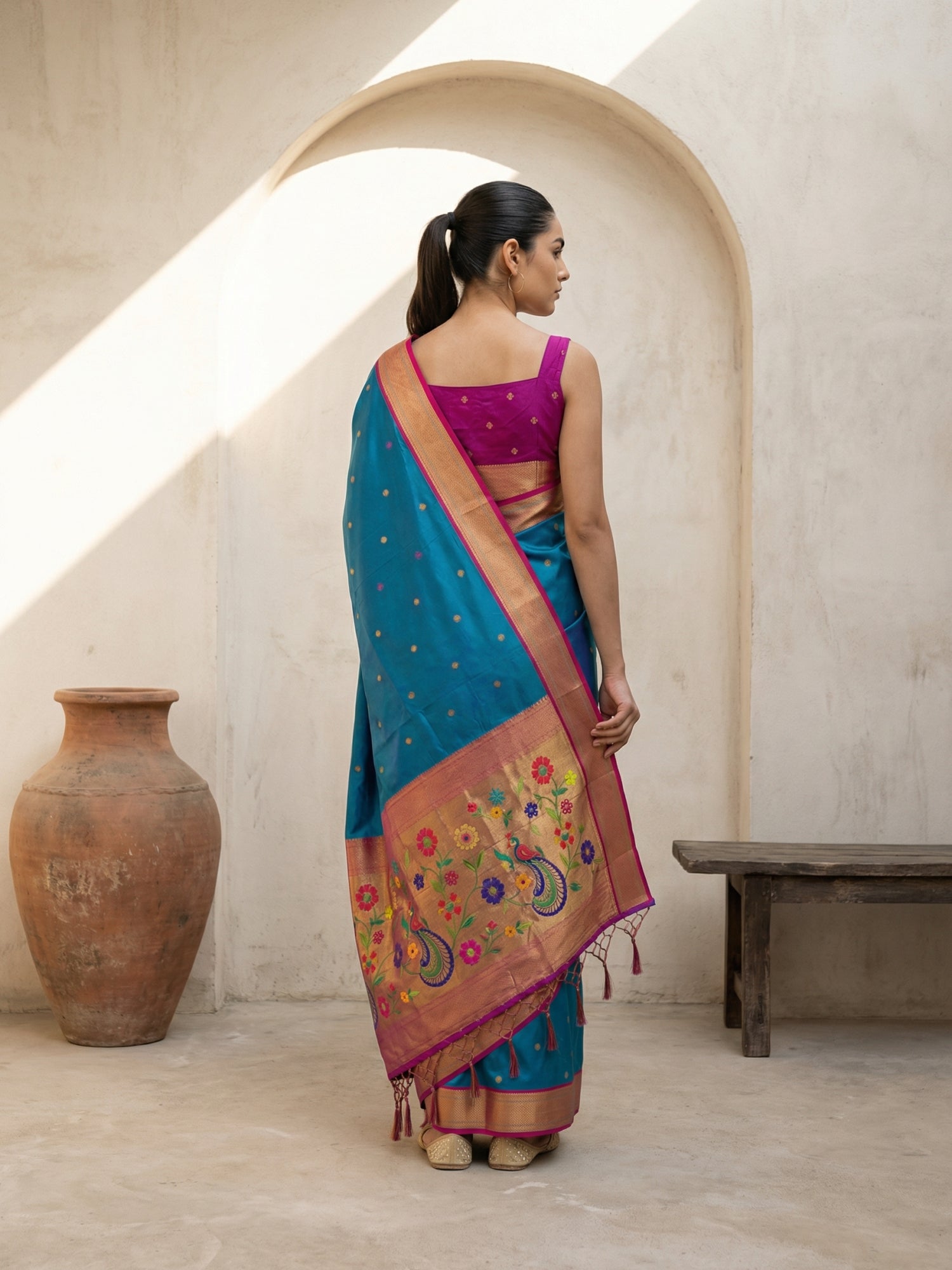 Premium Soft Silk Paithani Saree with Polka Motifs, Peacock Border and Traditional Pallu