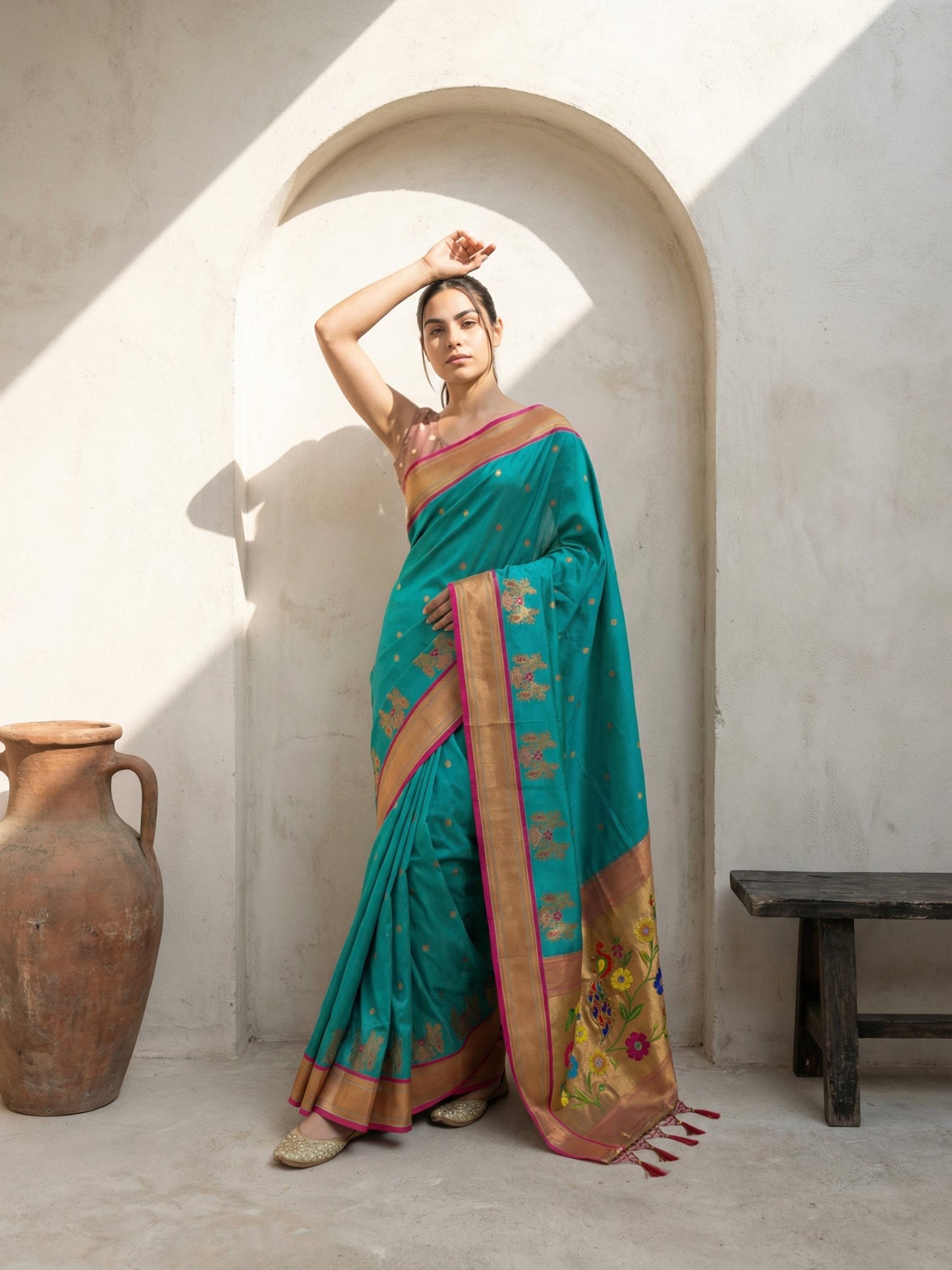 Premium Soft Silk Paithani Saree with Polka Motifs, Peacock Border and Traditional Pallu