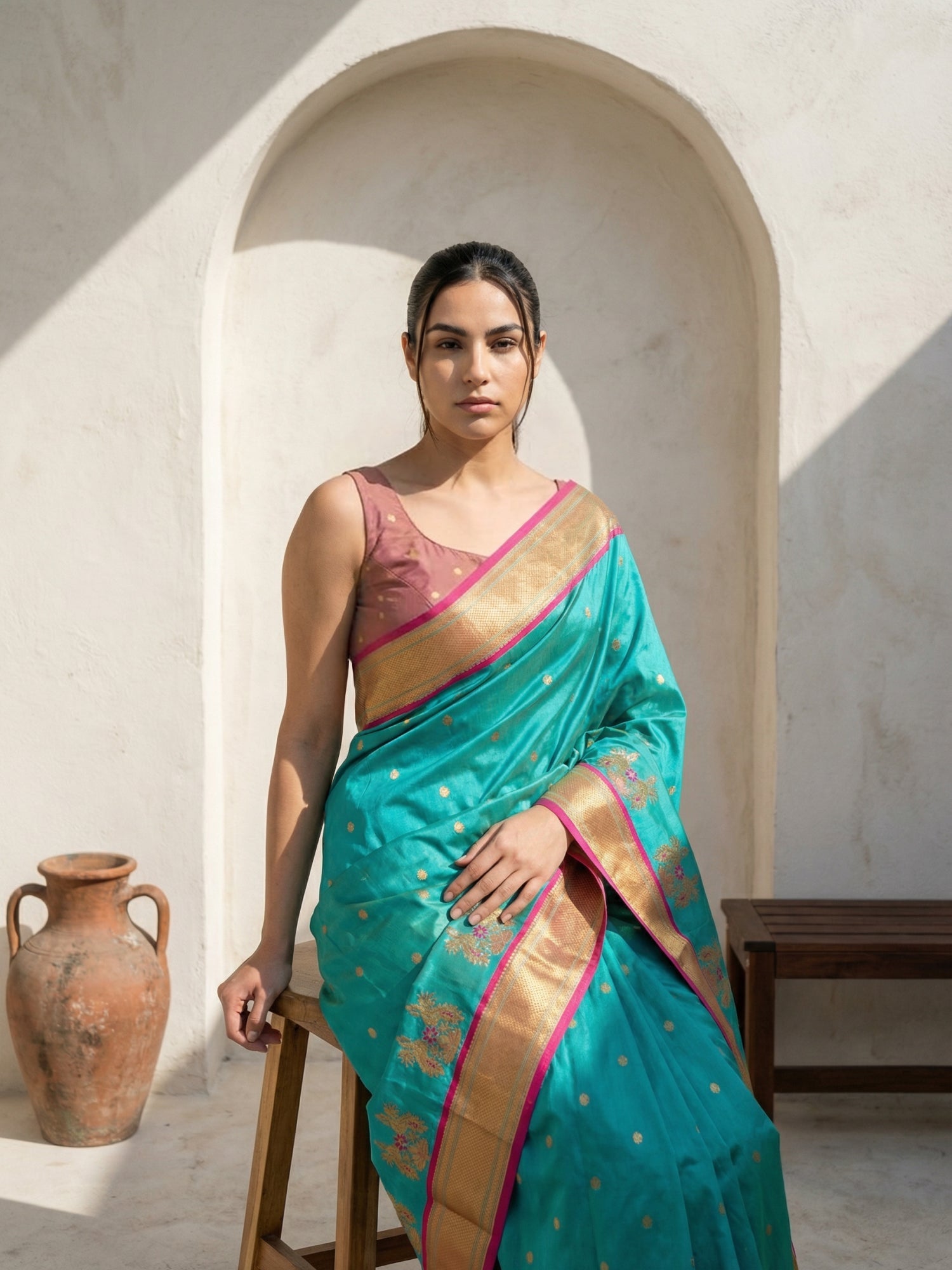 Premium Soft Silk Paithani Saree with Polka Motifs, Peacock Border and Traditional Pallu