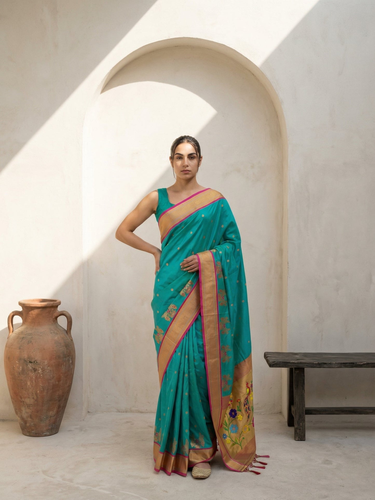 Premium Soft Silk Paithani Saree with Polka Motifs, Peacock Border and Traditional Pallu