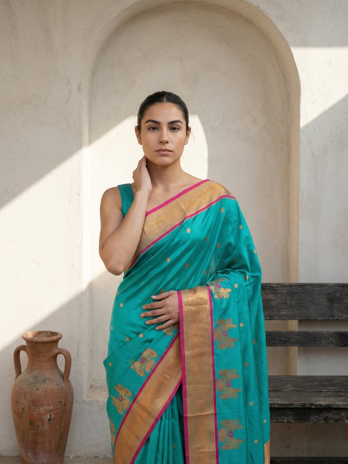 Premium Soft Silk Paithani Saree with Polka Motifs, Peacock Border and Traditional Pallu
