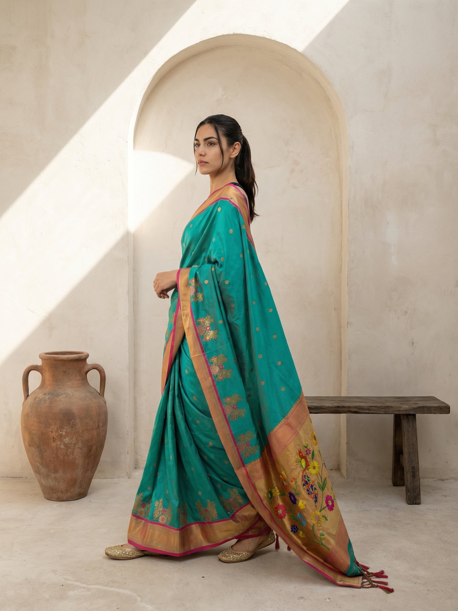 Premium Soft Silk Paithani Saree with Polka Motifs, Peacock Border and Traditional Pallu