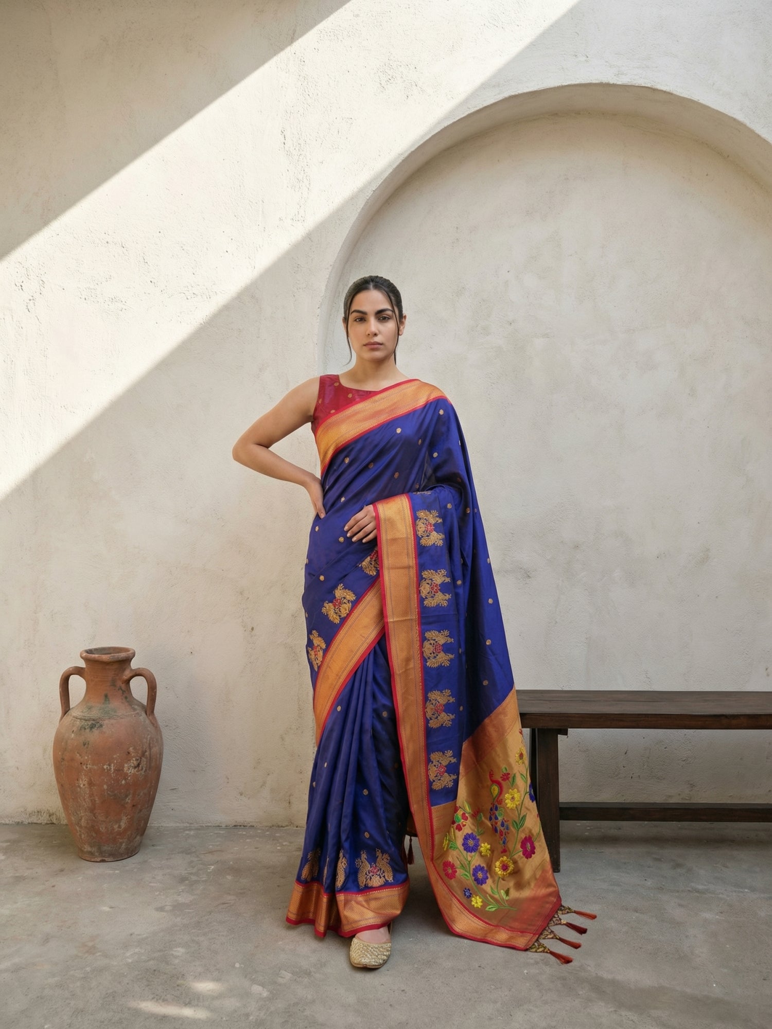 Premium Soft Silk Paithani Saree with Polka Motifs, Peacock Border and Traditional Pallu