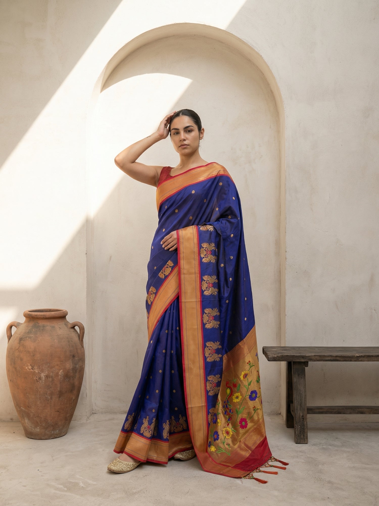 Premium Soft Silk Paithani Saree with Polka Motifs, Peacock Border and Traditional Pallu