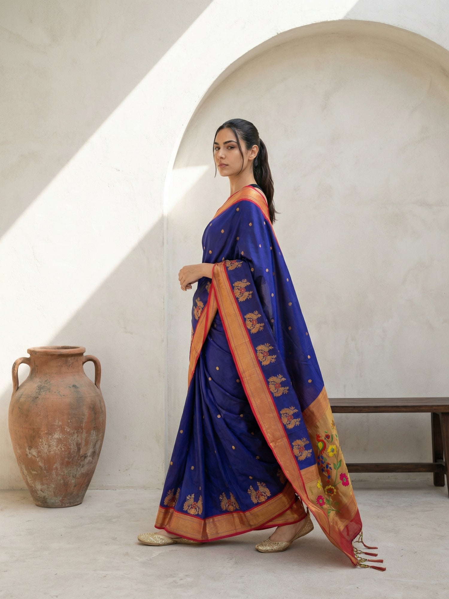 Premium Soft Silk Paithani Saree with Polka Motifs, Peacock Border and Traditional Pallu
