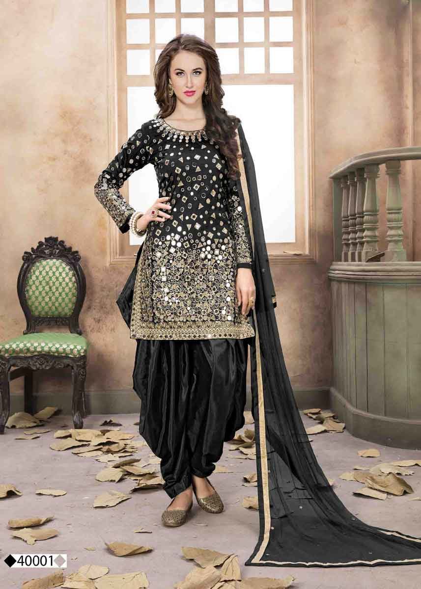 Black color taffeta silk party wear patiyala suit