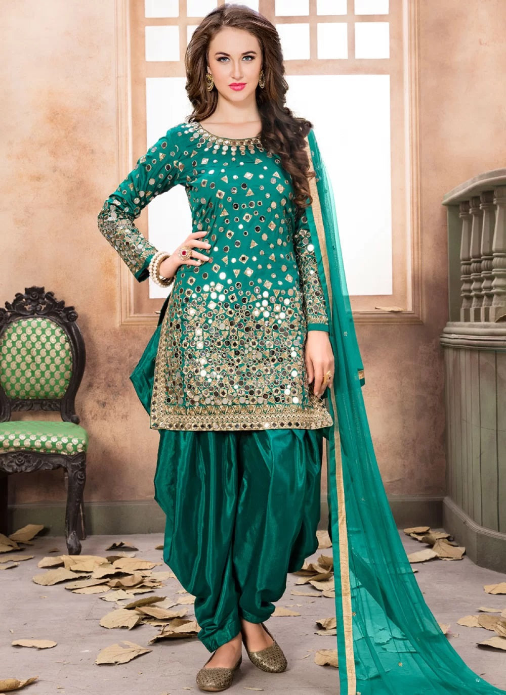 Rama green mirror work taffeta silk patiala suit