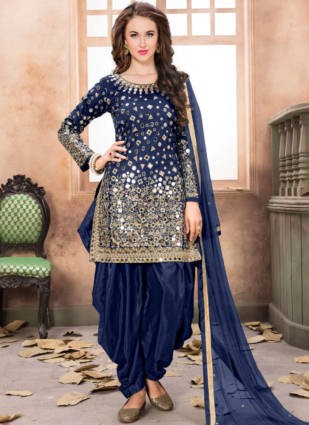 Navy blue color taffeta silk punjabi salwar suit