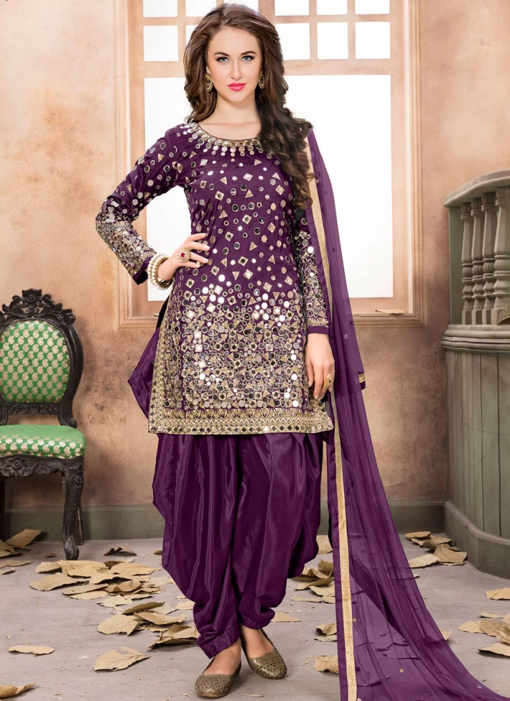 Purple color mirror work taffeta silk punjabi suit