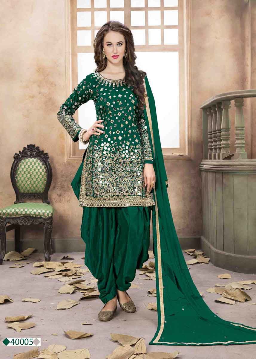Elegant green color mirror work taffeta silk punjabi suit