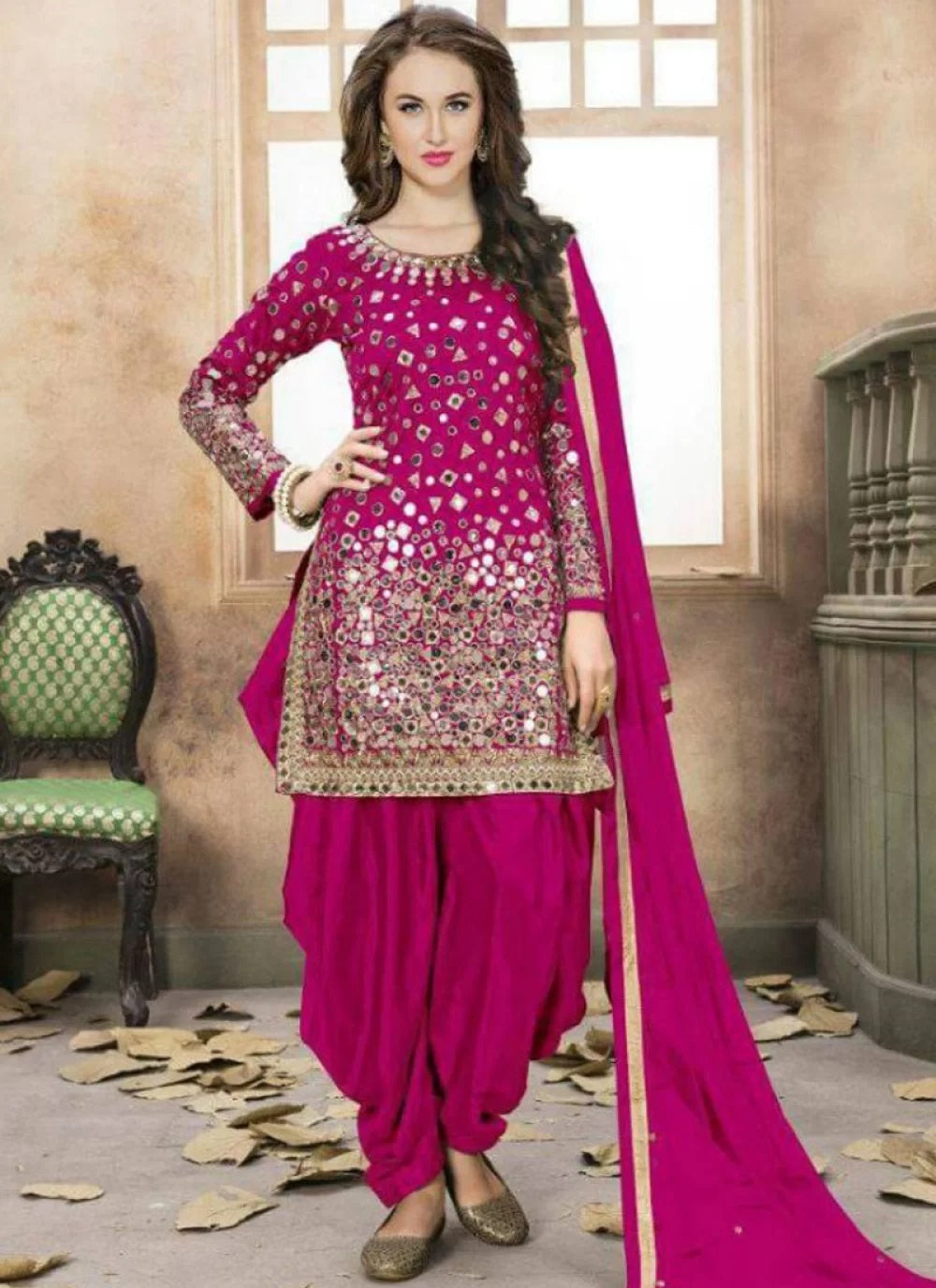 Pink color taffeta silk mirror work punjabi suit