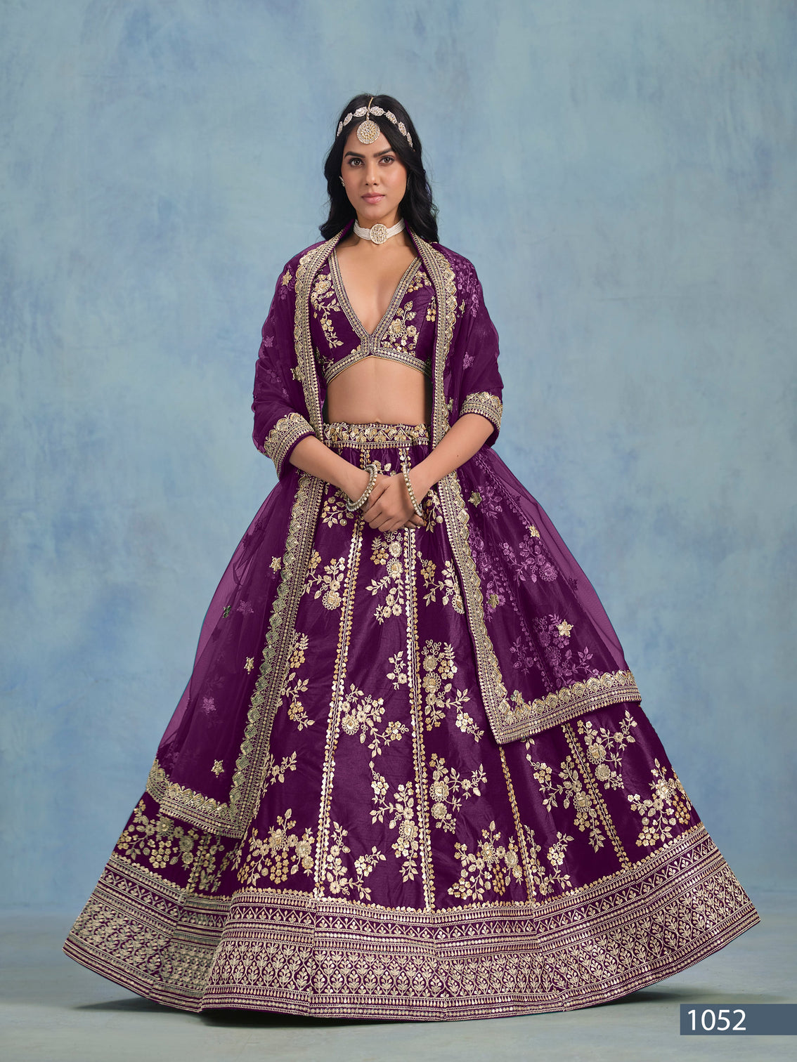 Blooming purple embroidered art silk bridesmaid lehenga with net dupatta