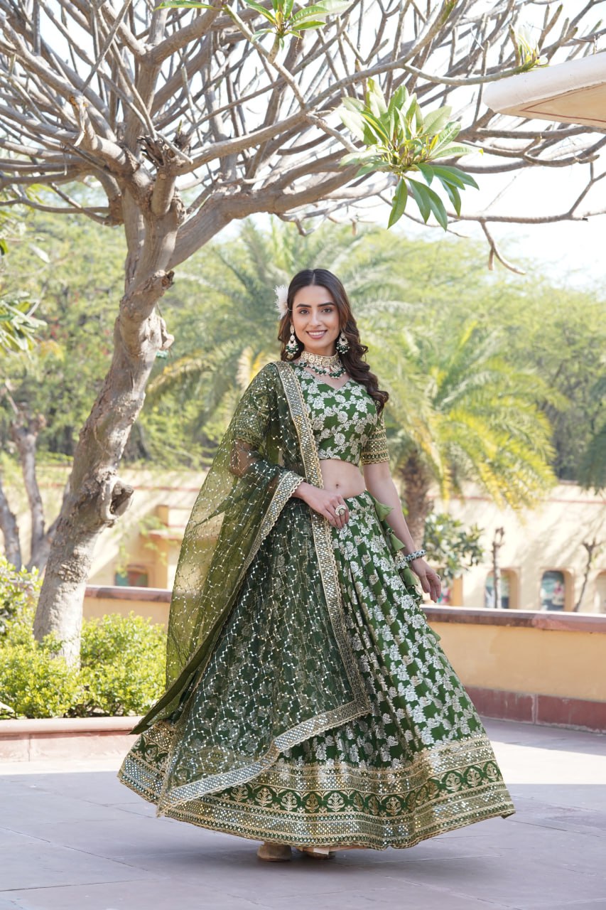 Designer Dyeable Viscose Jacquard Green Lehenga Choli & Dupatta Set with Sequins Embroidery