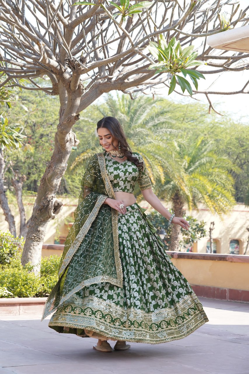 Designer Dyeable Viscose Jacquard Green Lehenga Choli & Dupatta Set with Sequins Embroidery