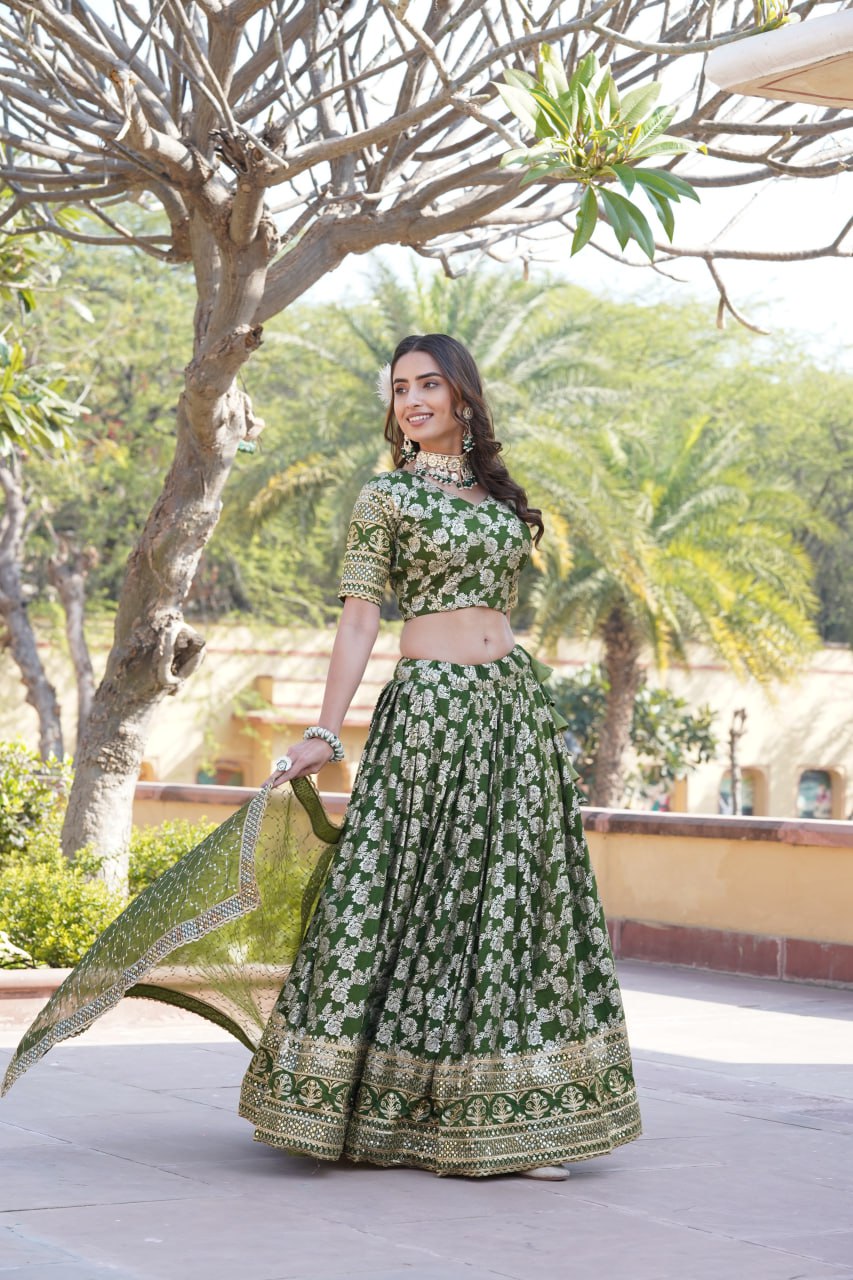 Designer Dyeable Viscose Jacquard Green Lehenga Choli & Dupatta Set with Sequins Embroidery