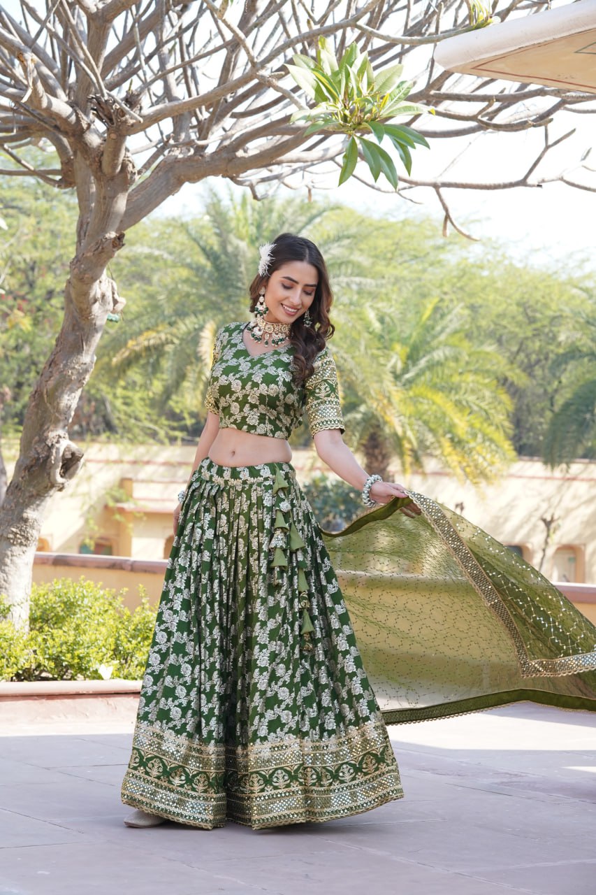 Designer Dyeable Viscose Jacquard Green Lehenga Choli & Dupatta Set with Sequins Embroidery