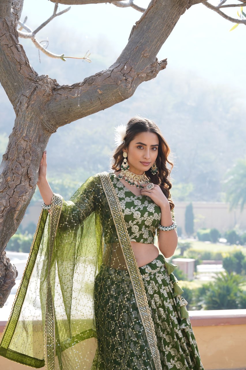 Designer Dyeable Viscose Jacquard Green Lehenga Choli & Dupatta Set with Sequins Embroidery