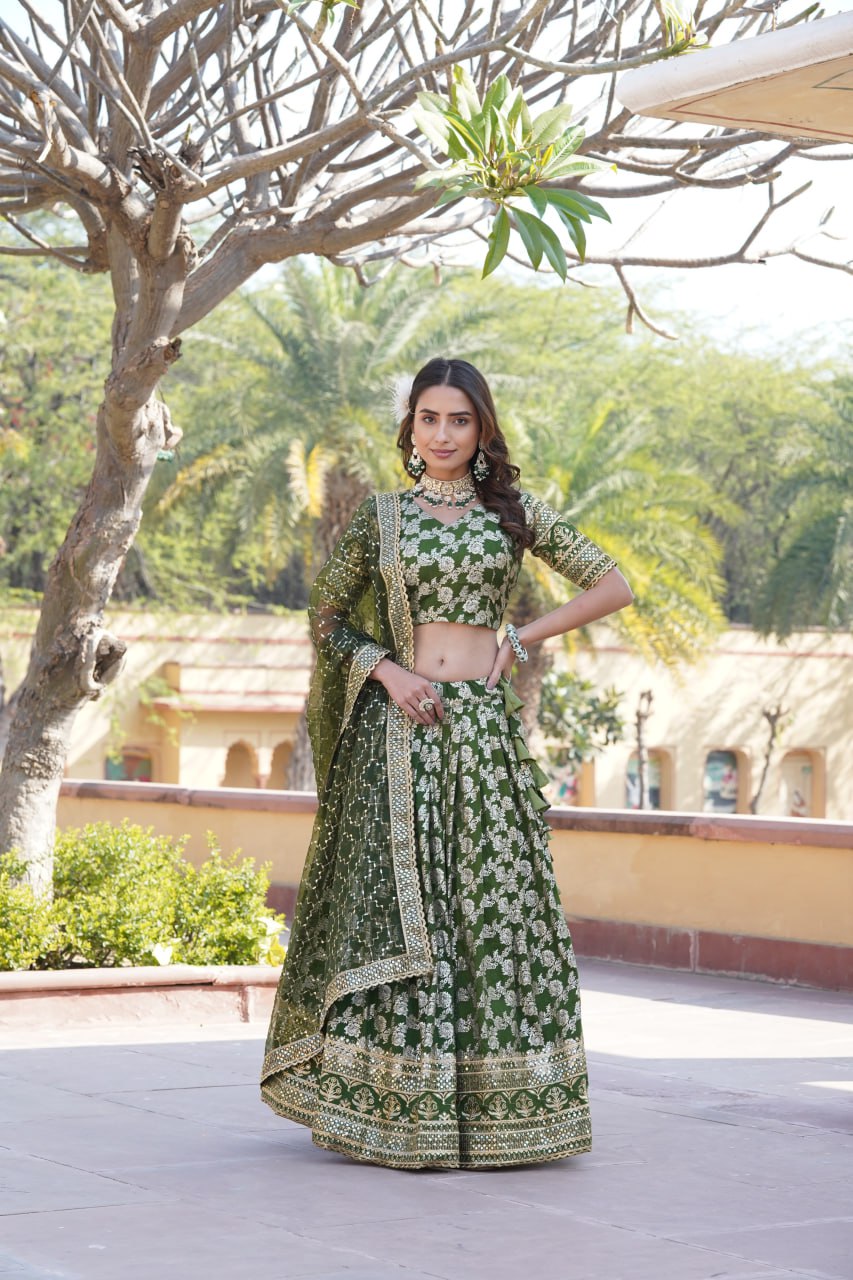 Designer Dyeable Viscose Jacquard Green Lehenga Choli & Dupatta Set with Sequins Embroidery