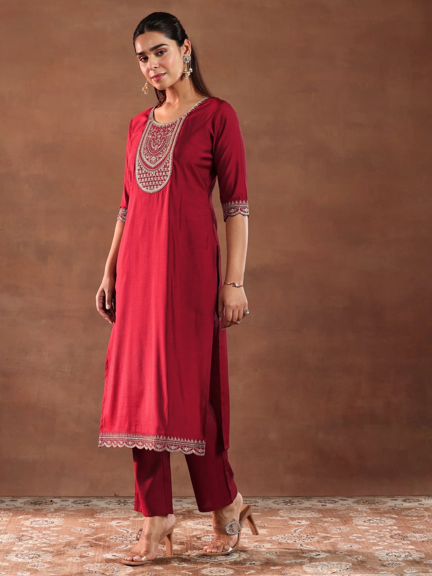 Gerua Red Yoke Design Silk Blend Straight Suit With Dupatta-color check