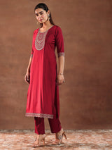 Gerua Red Yoke Design Silk Blend Straight Suit With Dupatta-color check