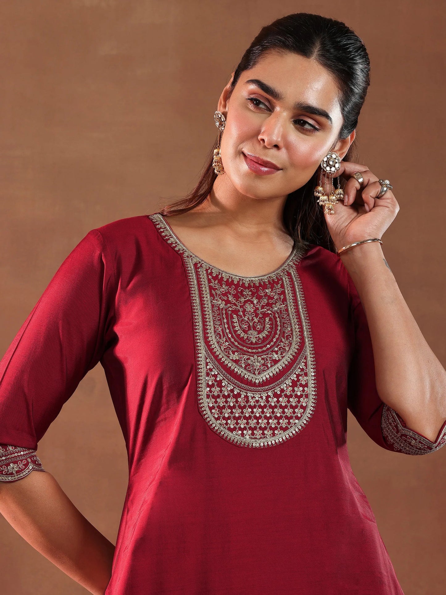 Gerua Red Yoke Design Silk Blend Straight Suit With Dupatta-color check