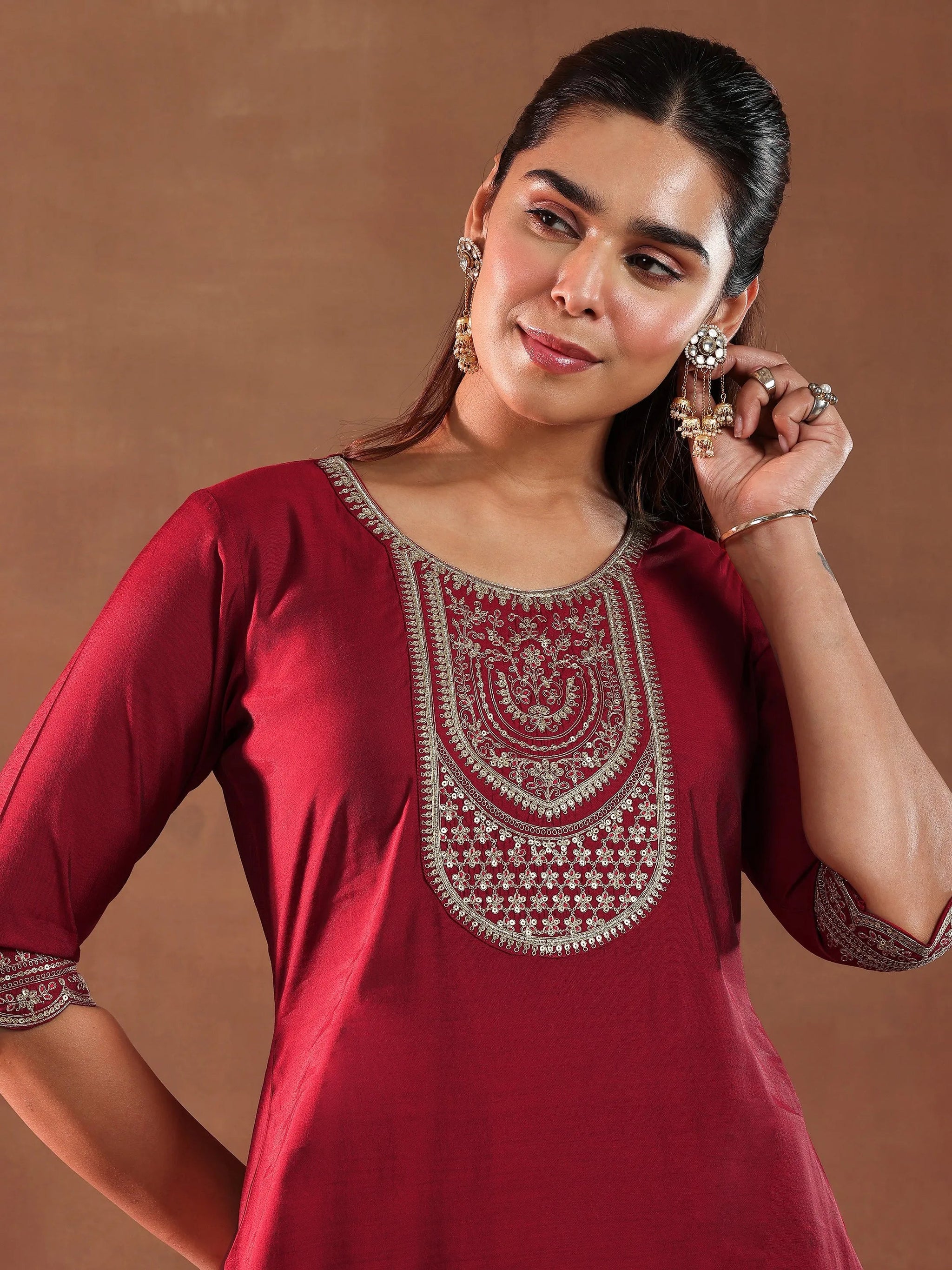 Gerua Red Yoke Design Silk Blend Straight Suit With Dupatta-color check