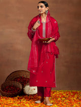 Gerua Red Embroidered Silk Blend Straight Suit With Dupatta