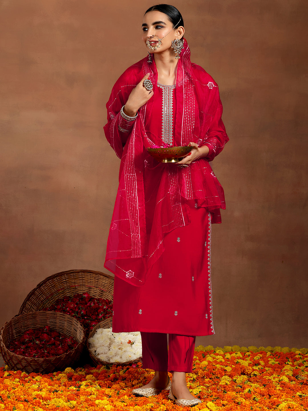 Gerua Red Embroidered Silk Blend Straight Suit With Dupatta