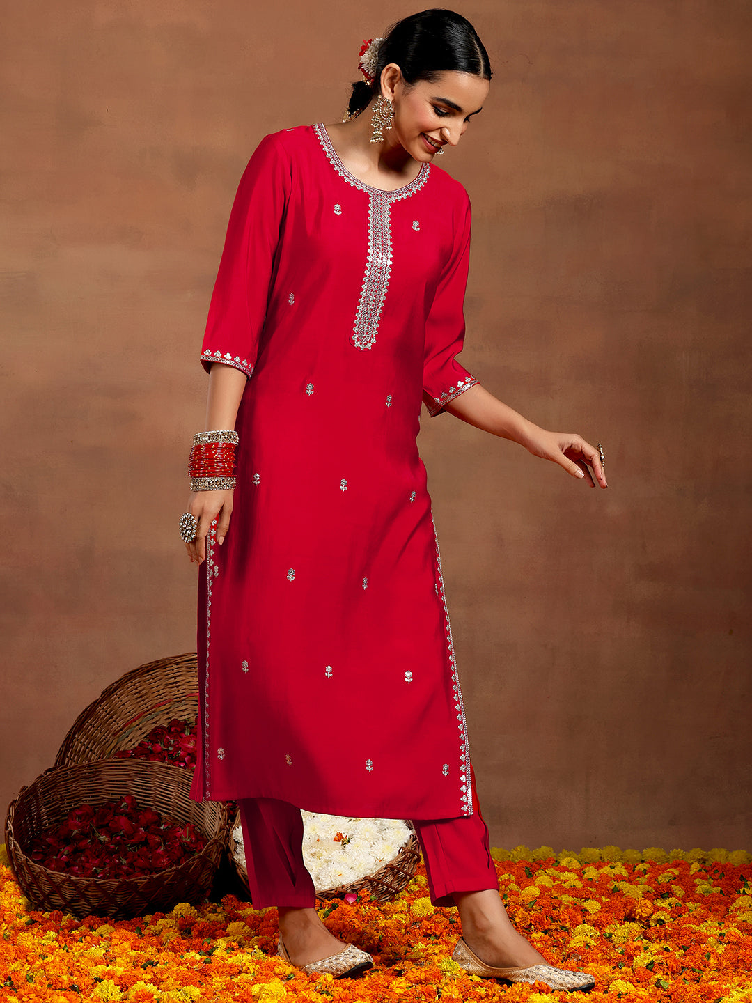 Gerua Red Embroidered Silk Blend Straight Suit With Dupatta