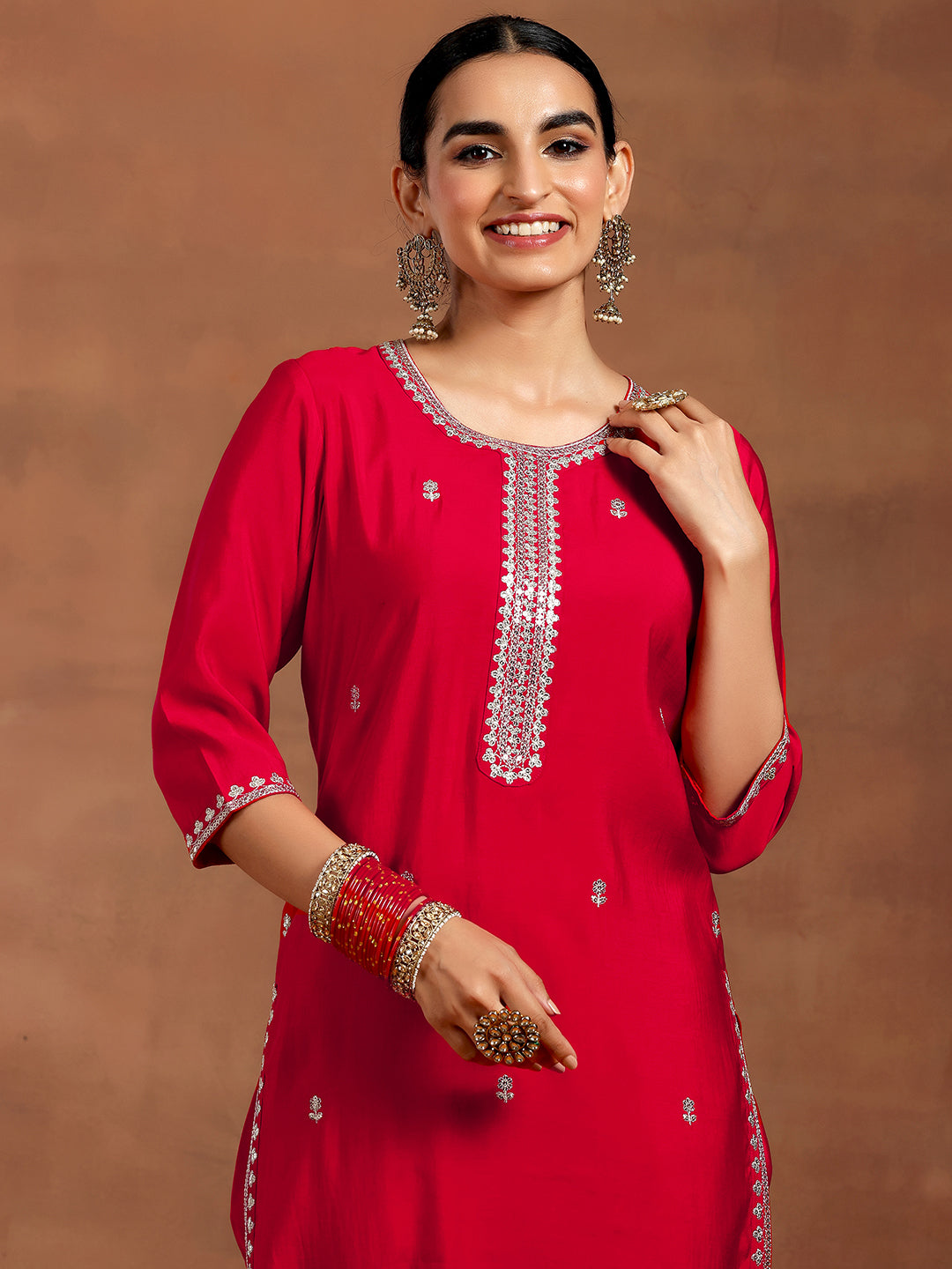 Gerua Red Embroidered Silk Blend Straight Suit With Dupatta