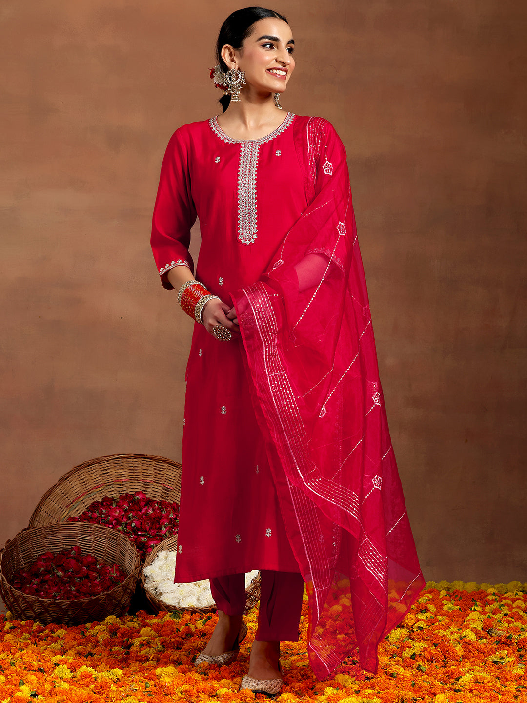 Gerua Red Embroidered Silk Blend Straight Suit With Dupatta