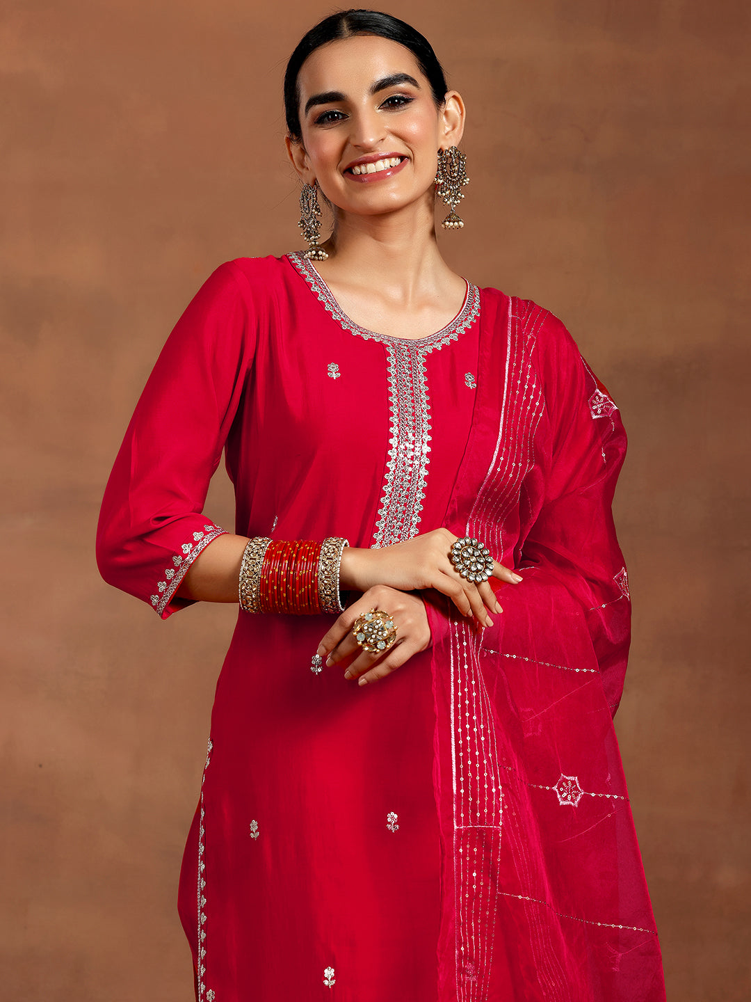 Gerua Red Embroidered Silk Blend Straight Suit With Dupatta