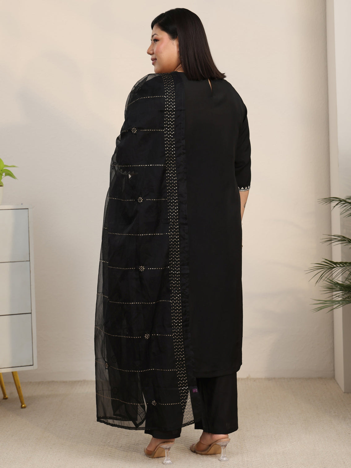 Plus Size Black Embroidered Silk Blend Straight Suit Set With Dupatta