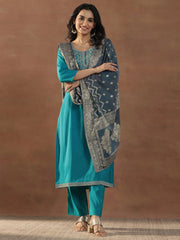 Mameraa Blue Yoke Design Silk Blend Straight Suit Set With Dupatta