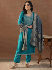 Mameraa Blue Yoke Design Silk Blend Straight Suit Set With Dupatta - Mameraa