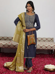 Mameraa Blue Yoke Design Straight Suit With Dupatta - Mameraa