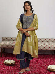 Mameraa Blue Yoke Design Straight Suit With Dupatta