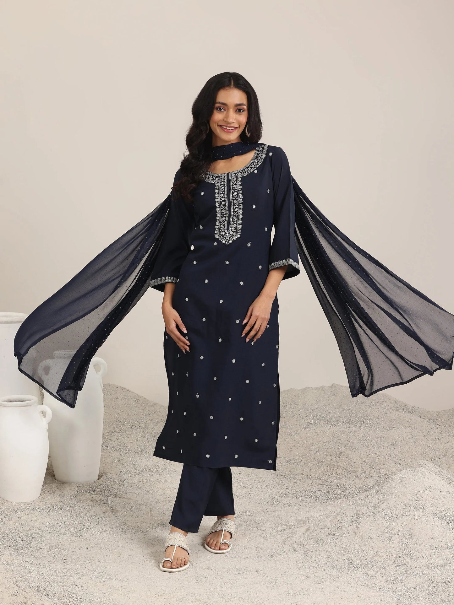 Gerua Navy Embroidered Silk Blend Straight Suits With Dupatta