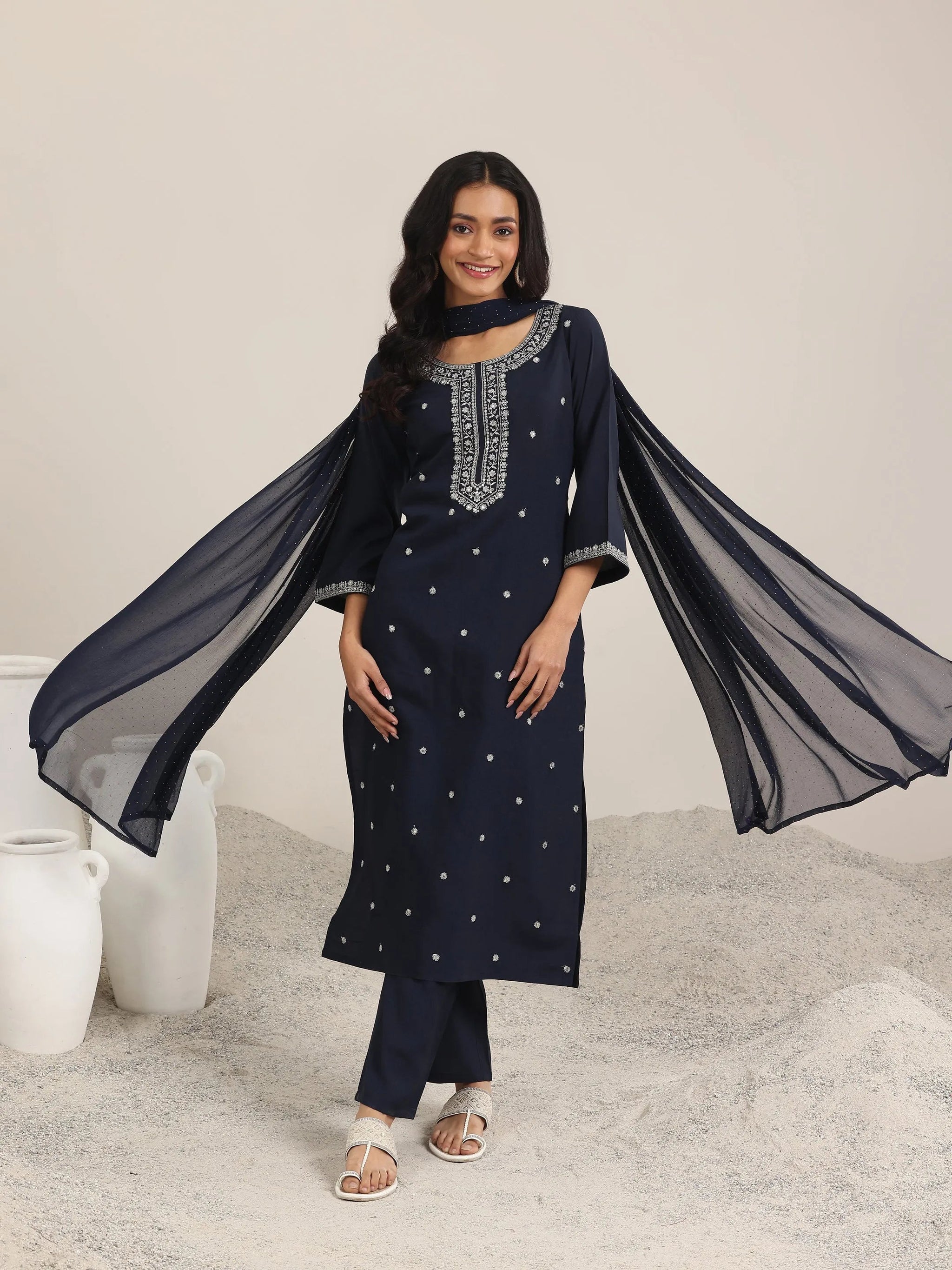 Gerua Navy Embroidered Silk Blend Straight Suits With Dupatta