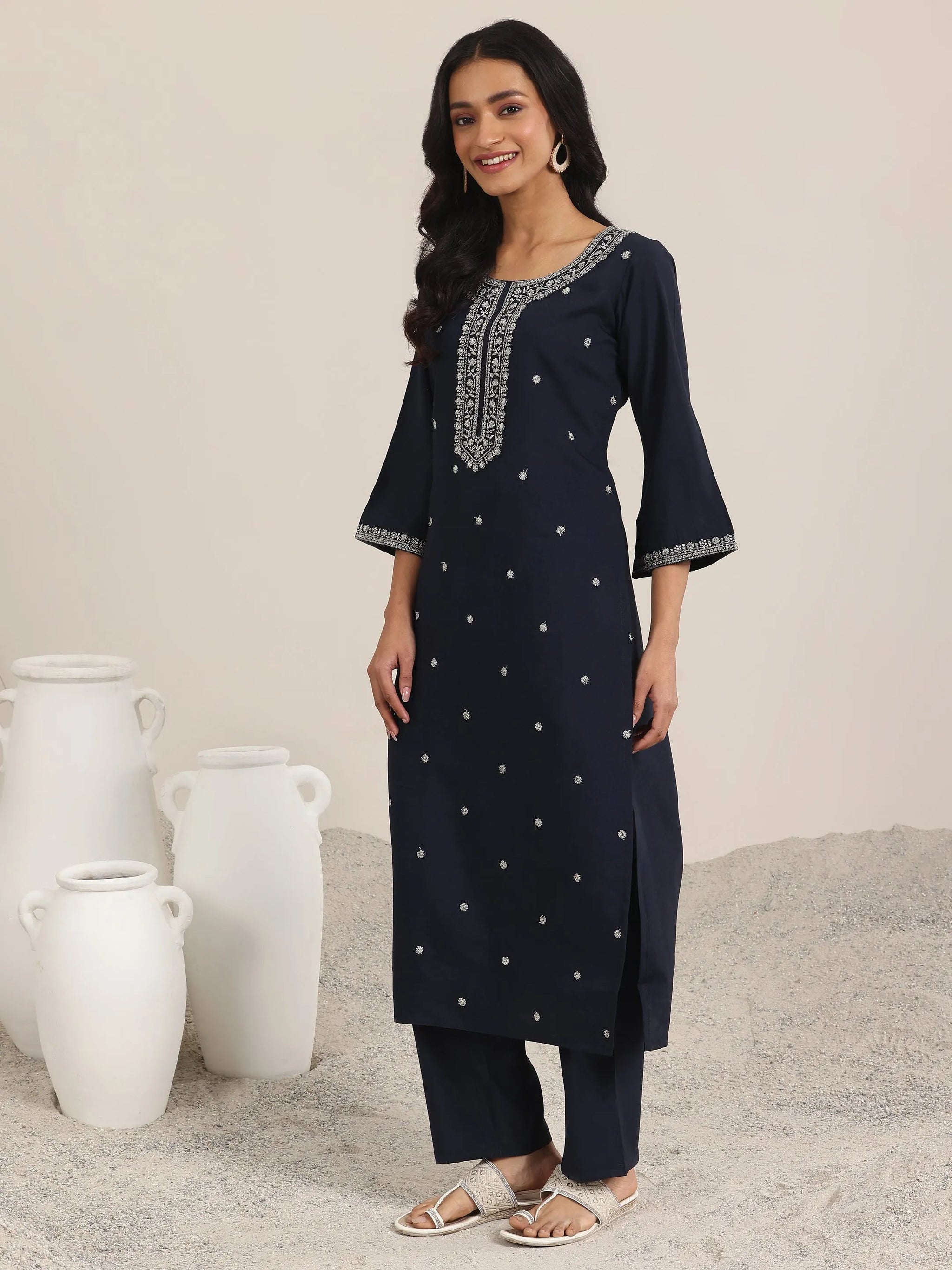 Gerua Navy Embroidered Silk Blend Straight Suits With Dupatta