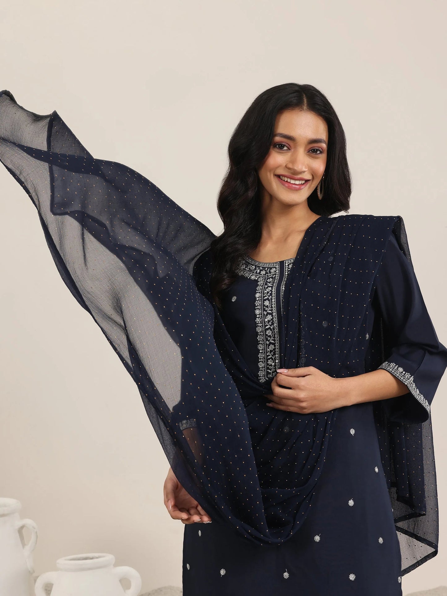 Gerua Navy Embroidered Silk Blend Straight Suits With Dupatta