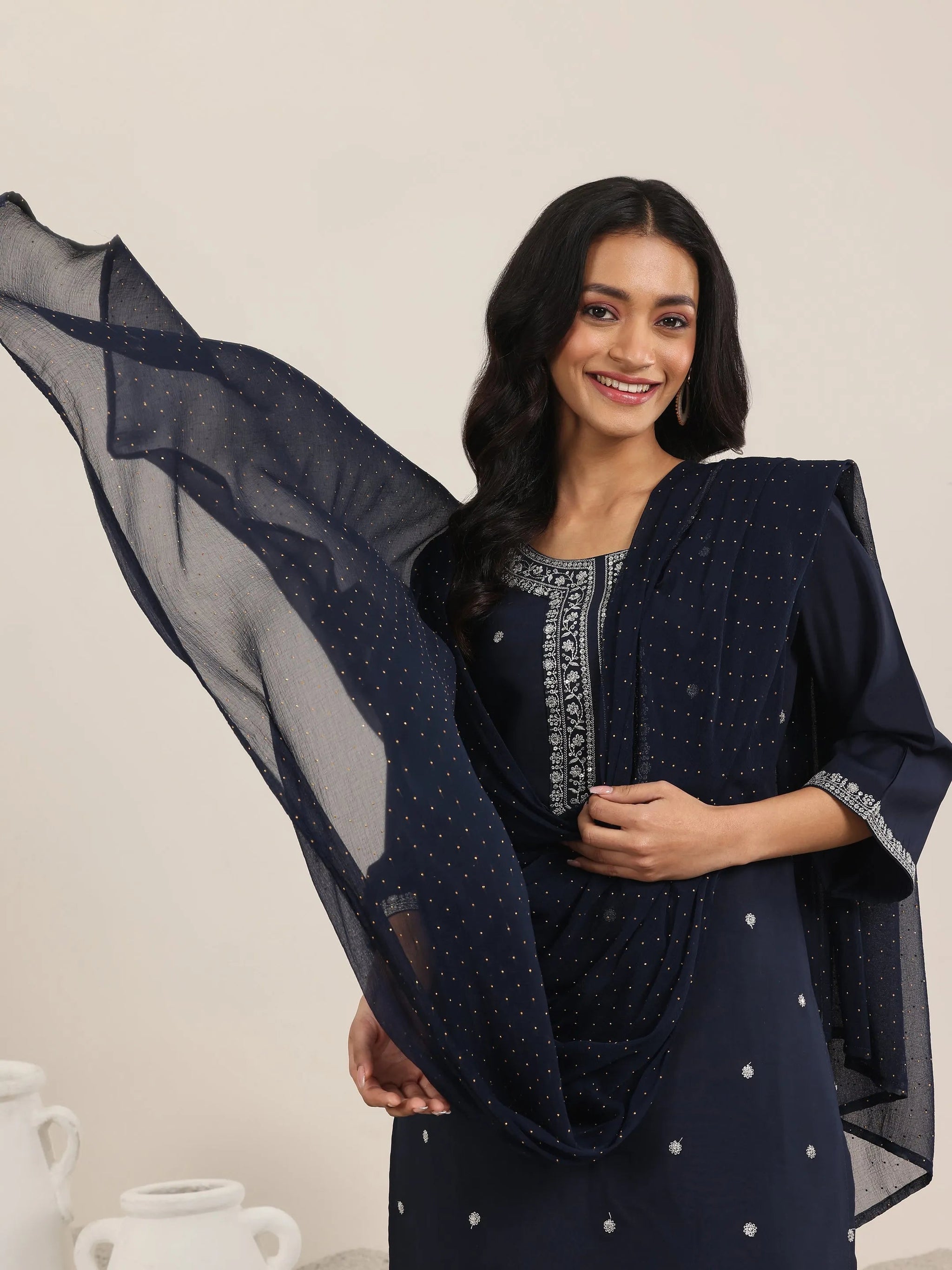 Gerua Navy Embroidered Silk Blend Straight Suits With Dupatta