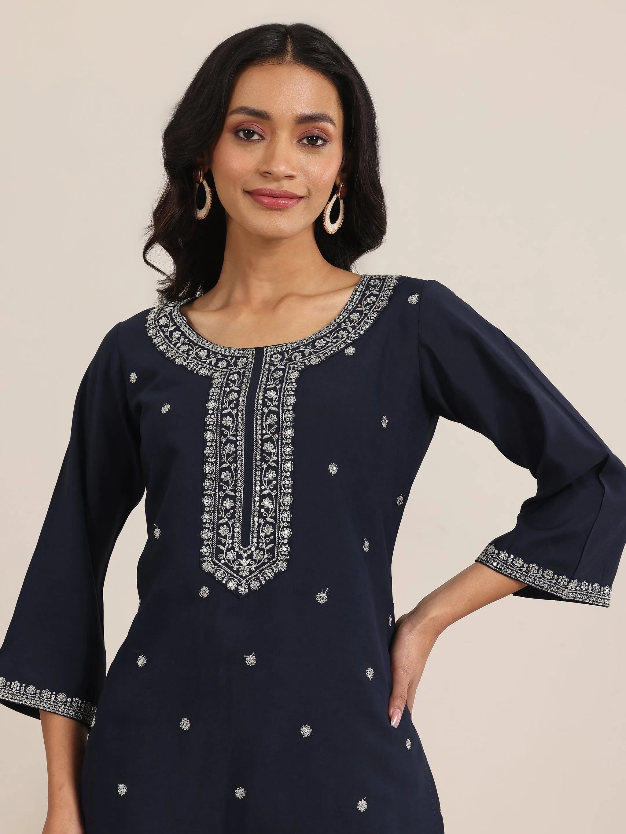 Gerua Navy Embroidered Silk Blend Straight Suits With Dupatta