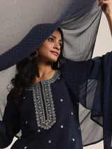 Gerua Navy Embroidered Silk Blend Straight Suits With Dupatta