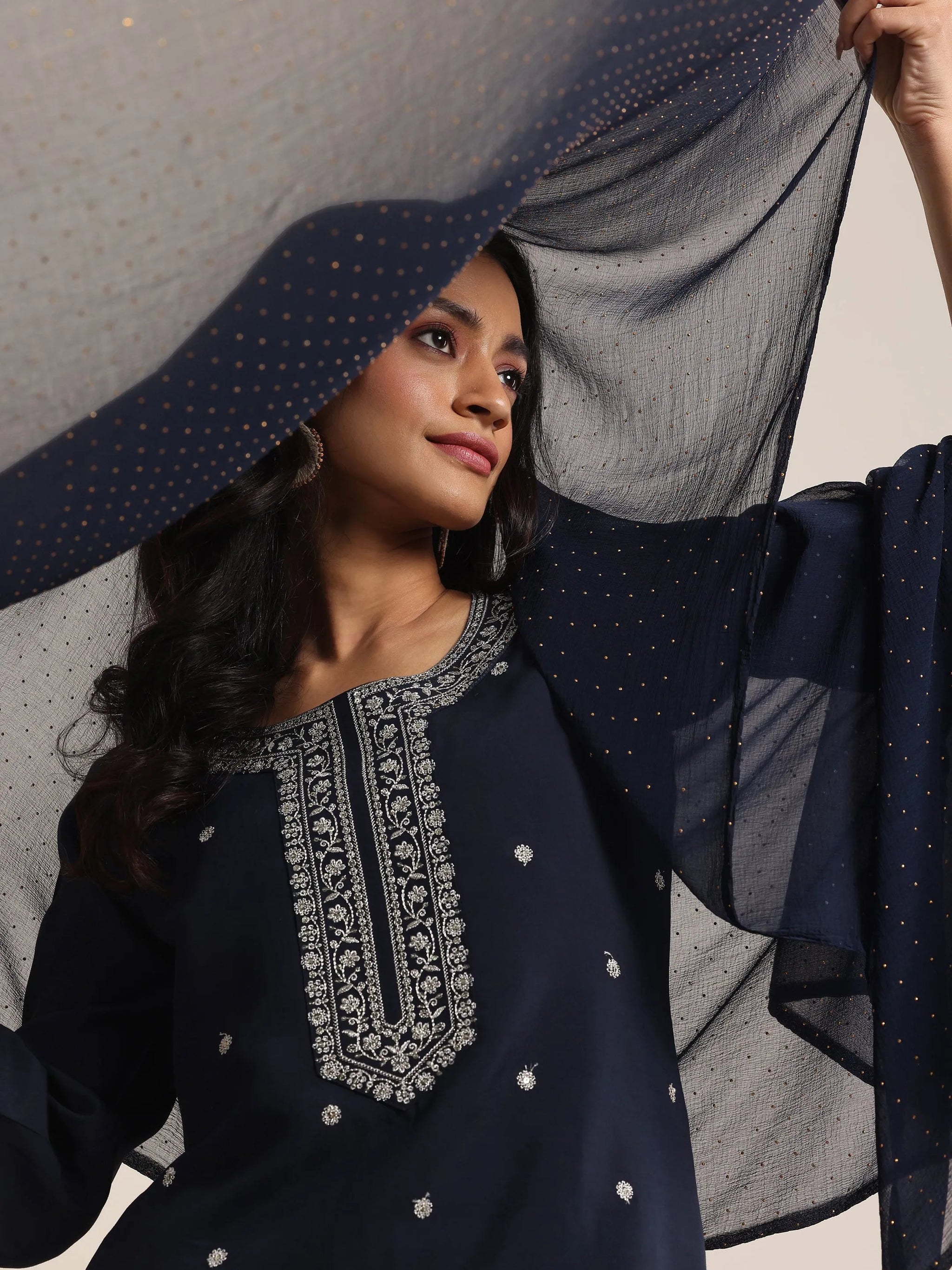 Gerua Navy Embroidered Silk Blend Straight Suits With Dupatta