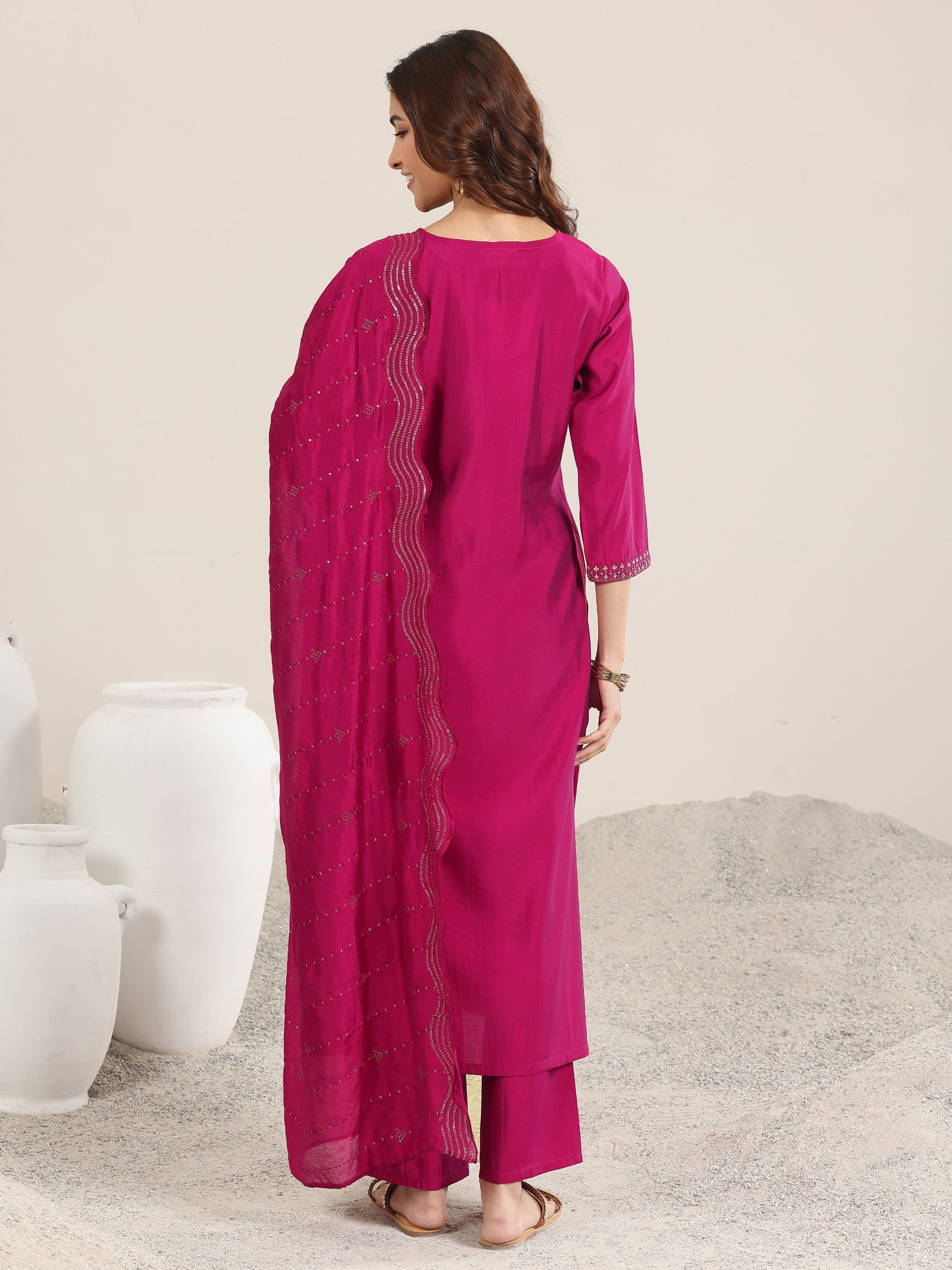 Gerua Burgundy Yoke Design Silk Blend Straight Suit With Dupatta